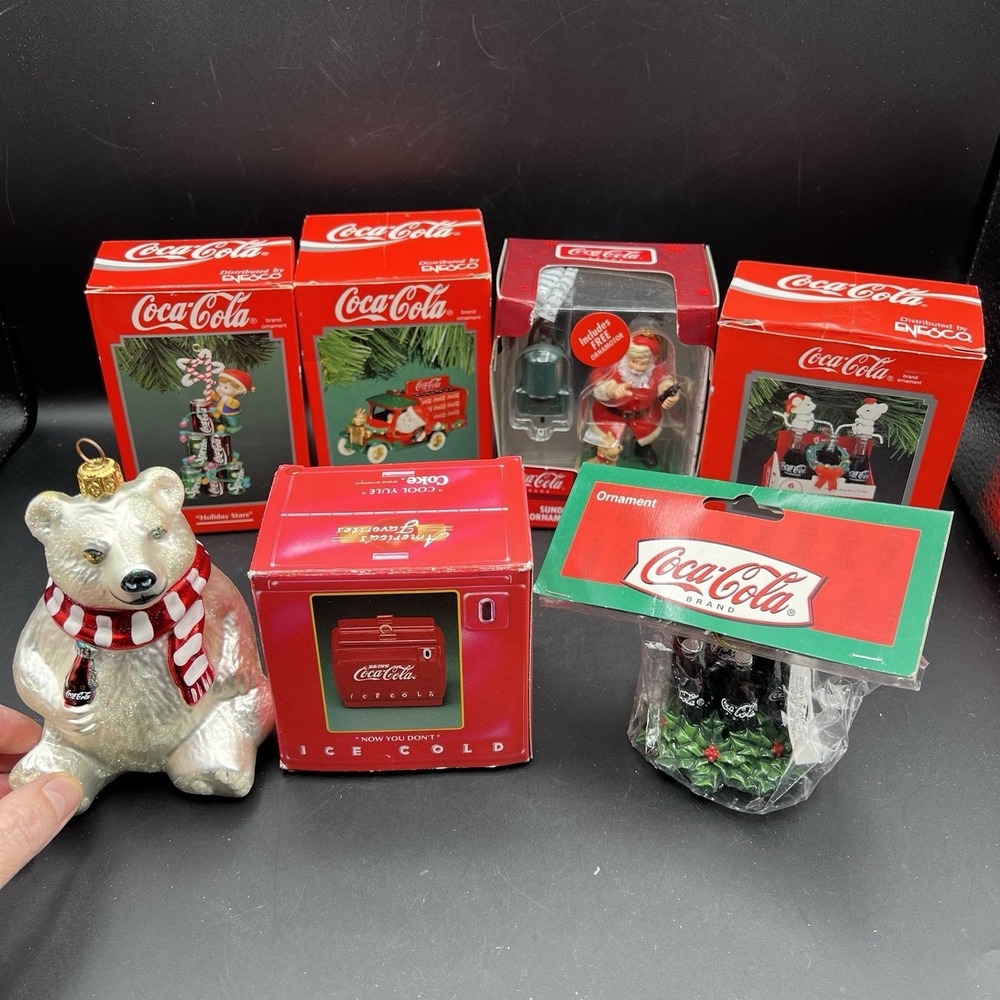 VTG Enesco Coca-Cola Sprite Santa Polar Bear Christmas Ornaments Lot Of 7